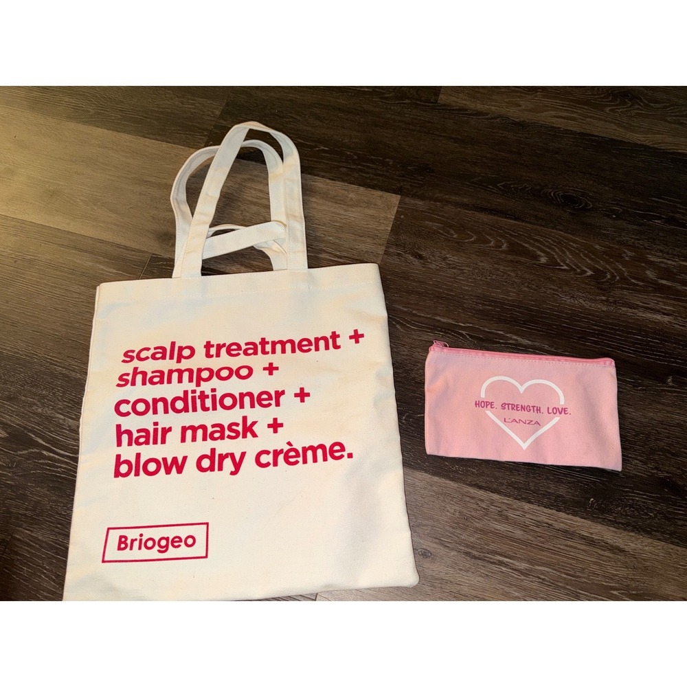 Briogeo Canvas Tote Bag White Red & LANZA Pink Zipper Pouch Beauty Set Accessory